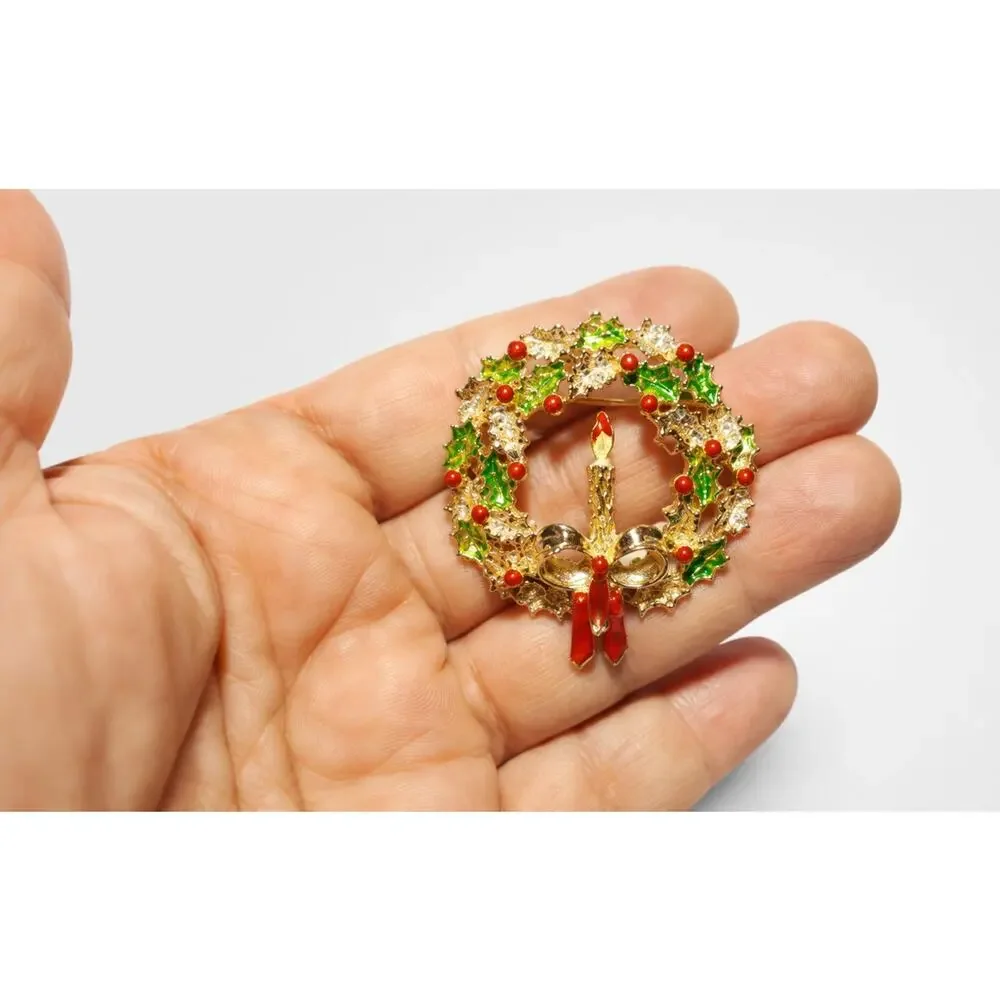 Signed Gerrys Large Enamel Christmas‎ Wreath Brooch Pin 1.75